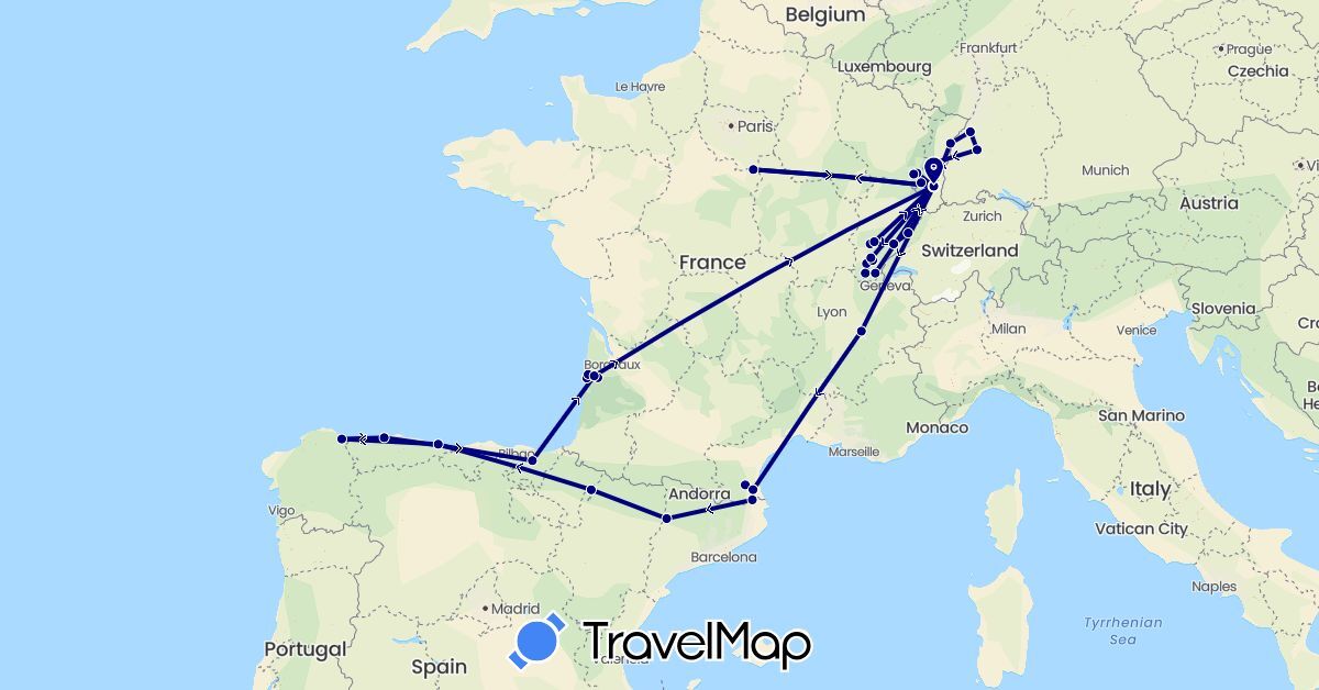 TravelMap itinerary: driving in Germany, Spain, France (Europe)